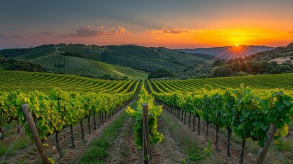 Naklejka premium Sunset Over Rolling Vineyards: Present the gentle, rolling hills of vineyards bathed in the warm, golden light of sunset, with the cool, shadowy blues of the approaching night sky providing a perfect