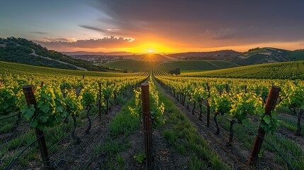 Fototapeta premium Sunset Over Rolling Vineyards: Present the gentle, rolling hills of vineyards bathed in the warm, golden light of sunset, with the cool, shadowy blues of the approaching night sky providing a perfect