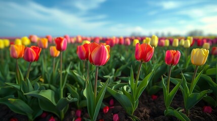 Tulip Fields in Full Bloom: Display the endless rows of colorful tulips, with their rich reds, yellows, and purples contrasting beautifully against the bright green stems and leaves of a spring
