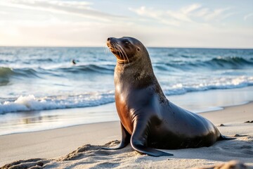 Fototapeta premium a sea lion resting on a sandy beach at dusk. The sea lion is facing away from the camera