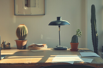 Obraz premium a light brown table a black table lamp white papers and cactus on the table