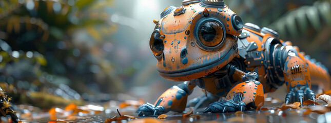 A robotic dinosaur or lizard pet toy with a smiling expression, mixed with 3D digital illustration and matte painting.generative ai