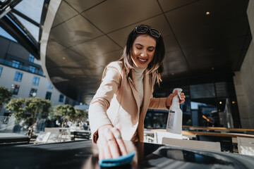 Smiling woman cleaning table with disinfectant spray at outdoor cafe.