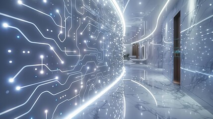 Intricate patterns of circuitry embedded into the wall itself, glowing with energy and creating a visually striking technological motif. shiny, Minimal and Simple,