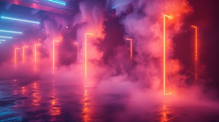 Networks of high-pressure steam pipes with occasional bursts of vapor, backlit by neon lights for a dramatic effect. shiny, Minimal and Simple,