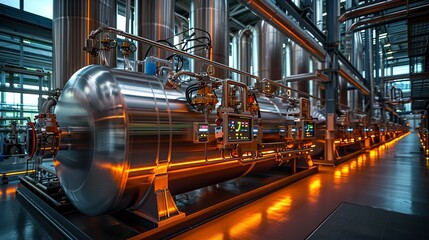 Obraz premium Rows of metallic, cylindrical tanks connected by a maze of pipes, with digital temperature and pressure indicators glowing on their surfaces. shiny, Minimal and Simple,
