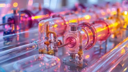 Transparent pipes showing the flow of various colored liquids, with small pumps and valves controlling the flow at intervals. shiny, Minimal and Simple,