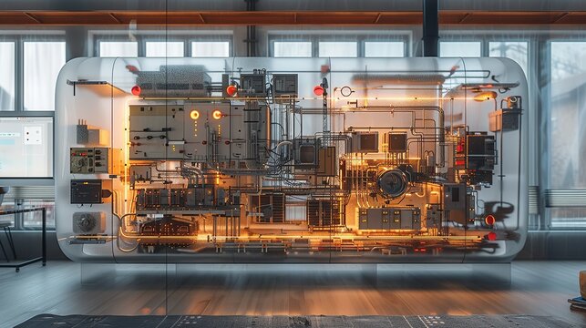 Transparent panels showing the inner workings of the machinery behind the wall, with moving parts and glowing circuits visible. shiny, Minimal and Simple,