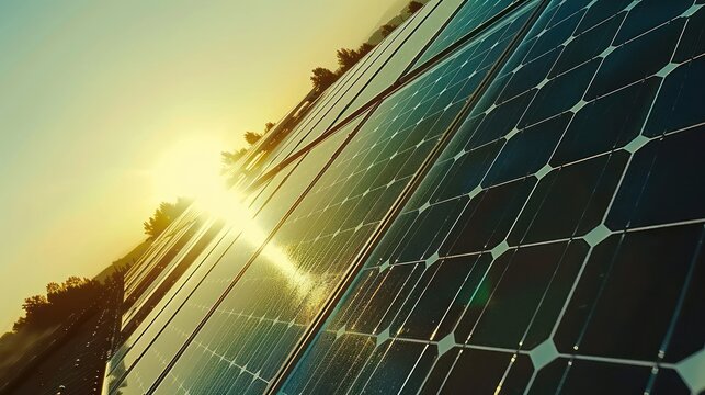 Solar panel cells on the walls of multi storey buildings. Morning light sun reflection background.