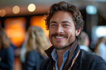 Obraz premium Happy male entrepreneur discussing with delegates while having coffee at convention center generative ai