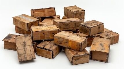 A pile of flattened cardboard boxes, ready for recycling, against a white background. shiny, Minimal and Simple,