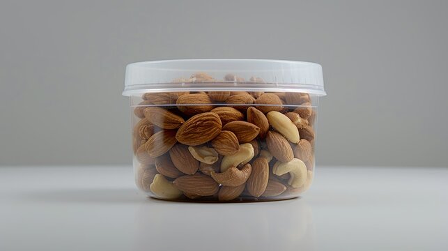 A plastic jar with an airtight seal, containing mixed nuts, photographed on a white background. shiny, Minimal and Simple,