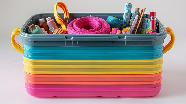 A colorful plastic storage box with handles, filled with crafting supplies, on a white background. shiny, Minimal and Simple,
