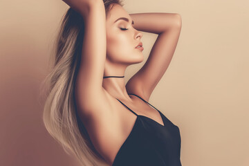 Fototapeta premium Elegant woman in a black dress with long flowing hair posing with closed eyes and arms raised.