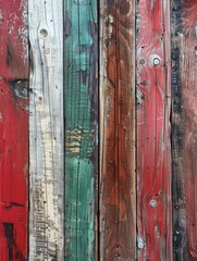 This AI generated image shows a series of vertically arranged, weathered wooden planks in various shades of red, white, green, and brown, showcasing aged textures and intricate wood grain patterns.