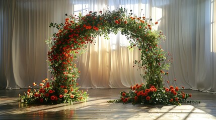 A dynamic shot of the arch with flowers, taken from an off-center position, creating a sense of movement and depth within the studio space. shiny, Minimal and Simple,