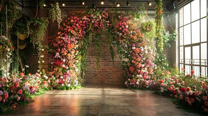 Obraz premium The archway set up in the studio with flowers and hanging vines, creating a lush, garden-like atmosphere under controlled lighting conditions. shiny, Minimal and Simple,