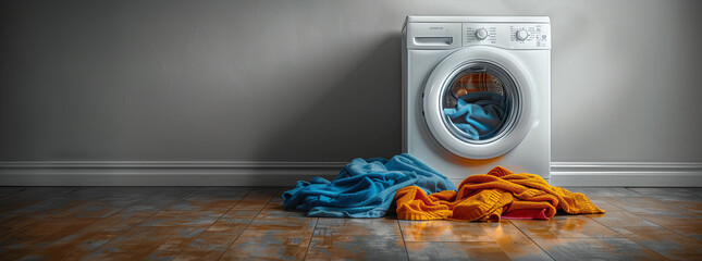 White washing machine with pile of laundry clothes and space for copying .generative ai