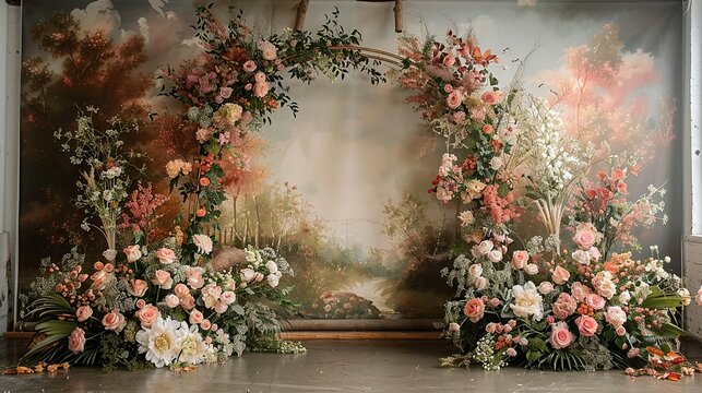 The arch set against a backdrop with a painted mural, complementing the floral arrangements and adding an artistic touch to the studio scene. shiny, Minimal and Simple,