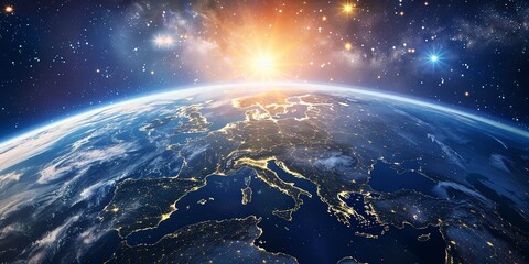 Fototapeta premium Breathtaking View of Earth from Space at Sunrise, Illuminating Europe and Russia with a Dark Blue Sky and Distinct Horizon Line