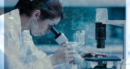 Image of female scientist looking into a microscope combined with animated microorganisms