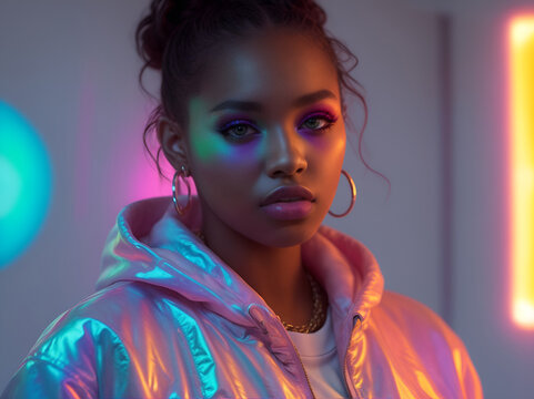 Young black woman with light skin wearing a pink hoodie, bun hairstyle and glamorous makeup. Hip hop artist portrait