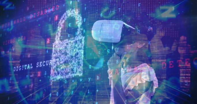 Image of data processing over young girl using augmented reality