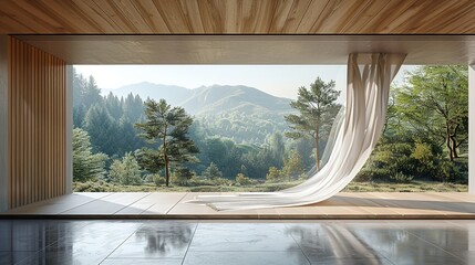 The smooth, flowing lines of a fabric in motion against a wooden door, with a forest and mountain view extending into the distance. shiny, Minimal and Simple,
