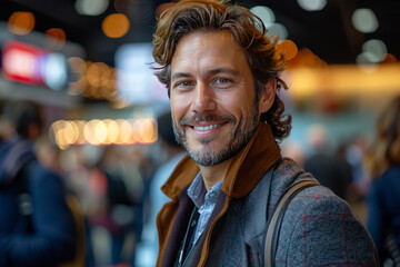 Obraz premium Happy male entrepreneur discussing with delegates while having coffee at convention center generative ai