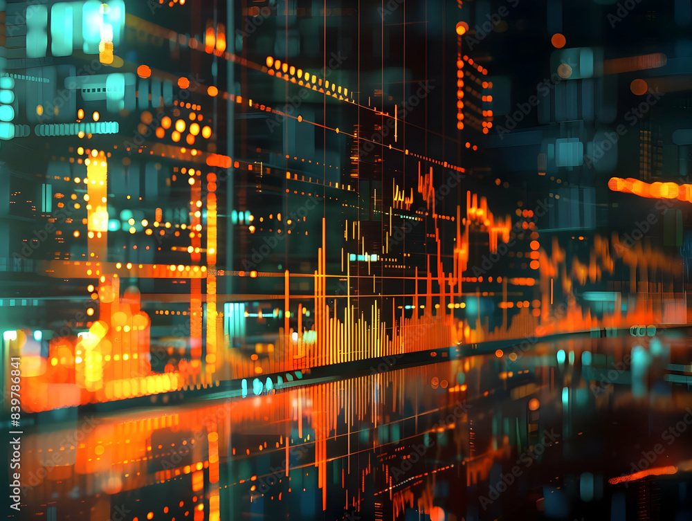 Poster abstract futuristic financial data analytics concept with glowing lines and charts in motion, ideal 