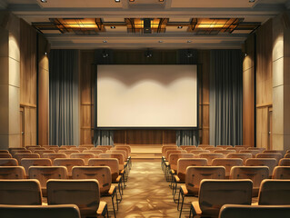 A modern auditorium with empty seats and a large blank screen, ready for a presentation or event. Warm and professional atmosphere.