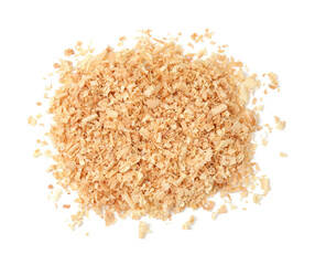Pile of natural sawdust isolated on white, top view