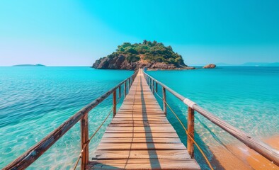 Fototapeta premium Photo of a wood bridge to a small island in the sea, with clear blue water and sky of a turquoise color.
