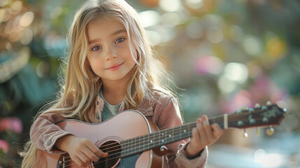 Cute adorable blonde girl playing pink guitar toy outdoor.generative ai