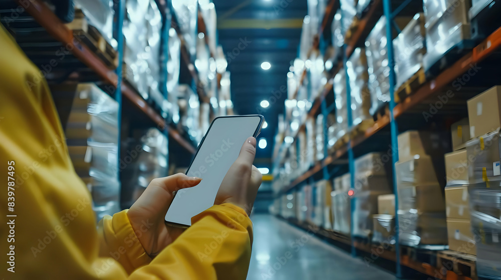 Poster warehouse worker using a digital tablet for inventory management among shelves stacked with boxes in