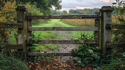 A rustic gate set in a garden, with natural leaves and flowers peeking through the bars, giving the impression of a secret garden hidden behind the antique, ornate structure. shiny, Minimal and