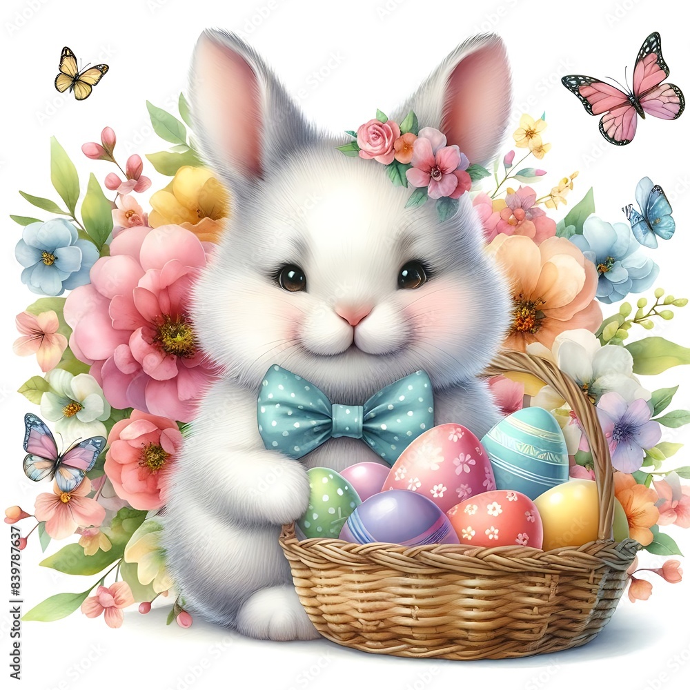 Wall mural watercolor cute easter bunny and eggs