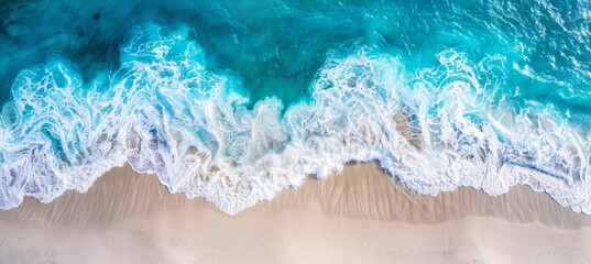 Naklejka premium Photo of Aerial view from above on white sand beach with turquoise water and waves, panorama banner.