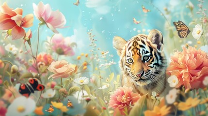 Obraz premium cute tiger and vibrant flowers
