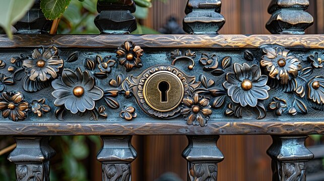 Close-up of the gate's lock mechanism, intricately designed with floral motifs and surrounded by small leaves, demonstrating the attention to detail and artistic craftsmanship of the antique style.