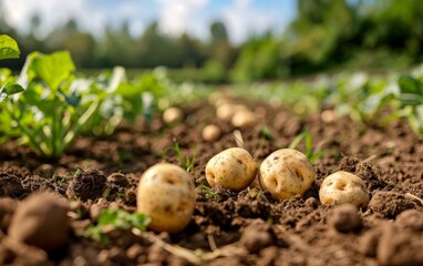 Photo of potatoes in the ground, growing on land background. parade of potato, harvest concept.