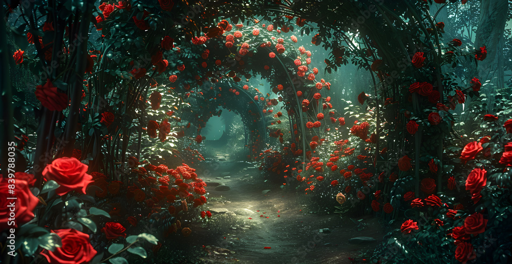 Poster a path through a forest with red roses on either side