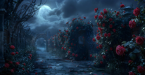 A dark, moonlit night with a path of roses and a cemetery