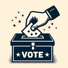 Vector vote icon with voter hand insert paper in ballot box. Democracy election poll silhouette symbol.