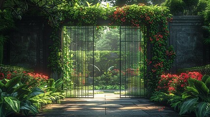 Fototapeta premium The gate surrounded by a lush garden, with natural leaves and flowers growing through and around the bars, blending the boundary between the gate and its environment. shiny, Minimal and Simple,
