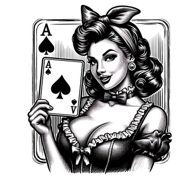 pin-up girl displaying an Ace of Spades card, symbolizing luck and strategy sketch engraving fictional character vector illustration. Scratch board imitation. Black and white image.