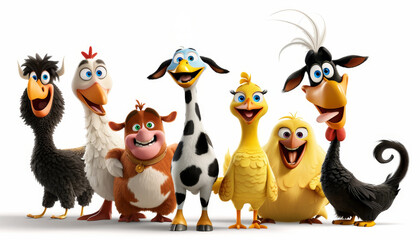 Obraz premium Group of cartoon farm animals including a cow, pig, and chicken. Concept of fun and farm life by AI generated image