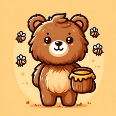 Fototapeta premium This is a cute bear with brown fluffy fur. This is a cartoon modern character with grizzly mascot standing with honey in a pot, with bees