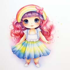 Adorable illustration of a doll with rainbow headband, curly pink hair, and colorful dress, perfect for children's art and decor.