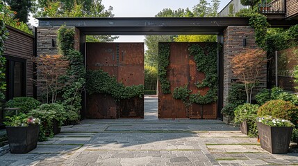 Naklejka premium The gate with climbing plants in various stages of bloom, showing the cycle of life and adding a dynamic, ever-changing aspect to the antique, floral-decorated design. shiny, Minimal and Simple,